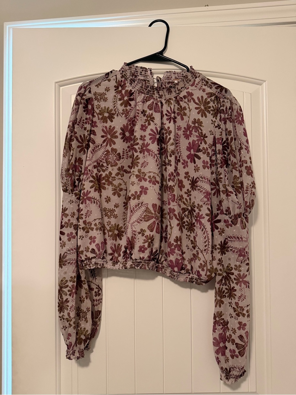 Free People Mauve and Olive Floral Smocked Neck Blouse